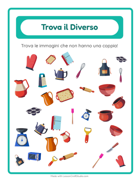 Anteprima della scheda di Trova Gli Oggetti con Utensili da cucina per Scuola dell'infanzia (5-7 anni)