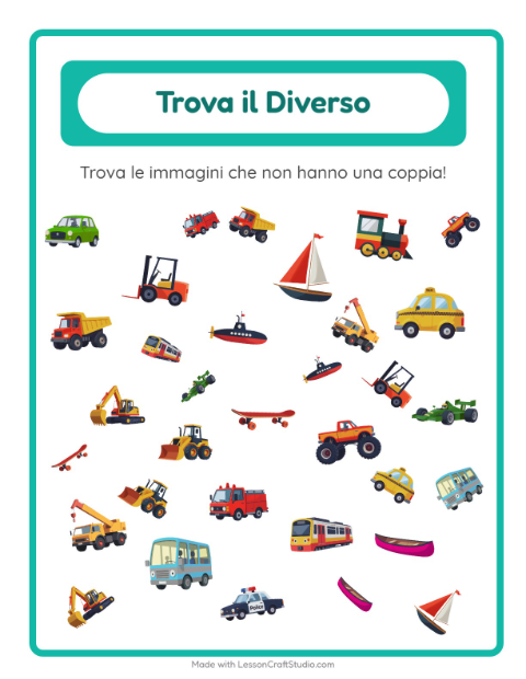 Anteprima della scheda di Trova Gli Oggetti con Veicoli per Scuola dell'infanzia (5-7 anni)