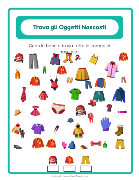 Anteprima della scheda di Trova Gli Oggetti con Abbigliamento per Scuola dell'infanzia (5-7 anni)
