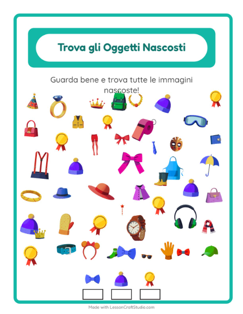 Anteprima della scheda di Trova Gli Oggetti con Accessori per Scuola dell'infanzia (5-7 anni)