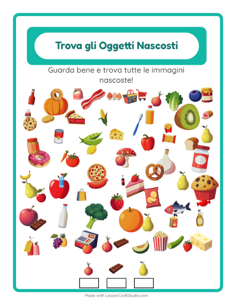 Anteprima della scheda di Trova Gli Oggetti con Al supermercato per Scuola dell'infanzia (5-7 anni)