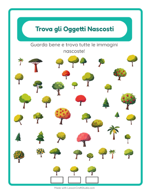 Anteprima della scheda di Trova Gli Oggetti con Alberi per Scuola dell'infanzia (5-7 anni)