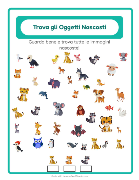 Anteprima della scheda di Trova Gli Oggetti con Animali per Scuola dell'infanzia (5-7 anni)