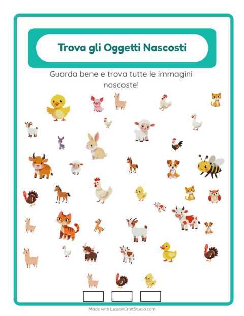 Anteprima della scheda di Trova Gli Oggetti con Animali della fattoria per Scuola dell'infanzia (5-7 anni)
