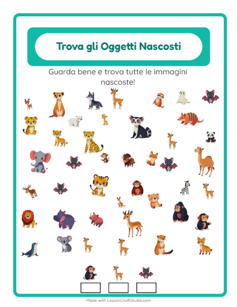 Anteprima della scheda di Trova Gli Oggetti con Animali dello zoo per Scuola dell'infanzia (5-7 anni)
