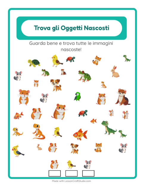 Anteprima della scheda di Trova Gli Oggetti con Animali domestici per Scuola dell'infanzia (5-7 anni)