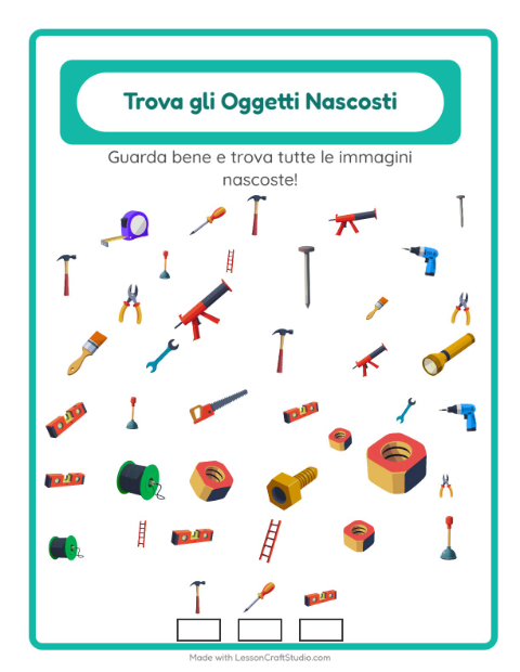 Anteprima della scheda di Trova Gli Oggetti con Attrezzi per Scuola dell'infanzia (5-7 anni)