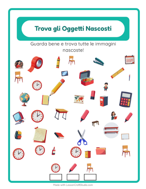 Anteprima della scheda di Trova Gli Oggetti con Aula per Scuola dell'infanzia (5-7 anni)
