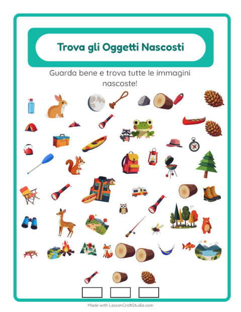 Anteprima della scheda di Trova Gli Oggetti con Campeggio per Scuola dell'infanzia (5-7 anni)