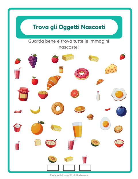 Anteprima della scheda di Trova Gli Oggetti con Colazione per Scuola dell'infanzia (5-7 anni)