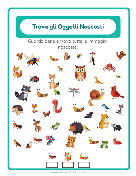 Anteprima della scheda di Trova Gli Oggetti con Creature della foresta per Scuola dell'infanzia (5-7 anni)