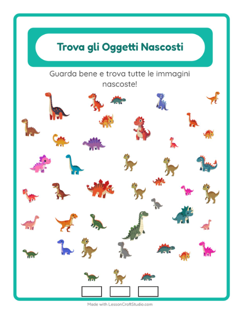 Anteprima della scheda di Trova Gli Oggetti con Dinosauri per Scuola dell'infanzia (5-7 anni)