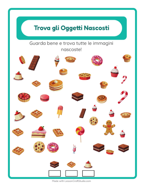 Anteprima della scheda di Trova Gli Oggetti con Dolci e dolciumi per Scuola dell'infanzia (5-7 anni)