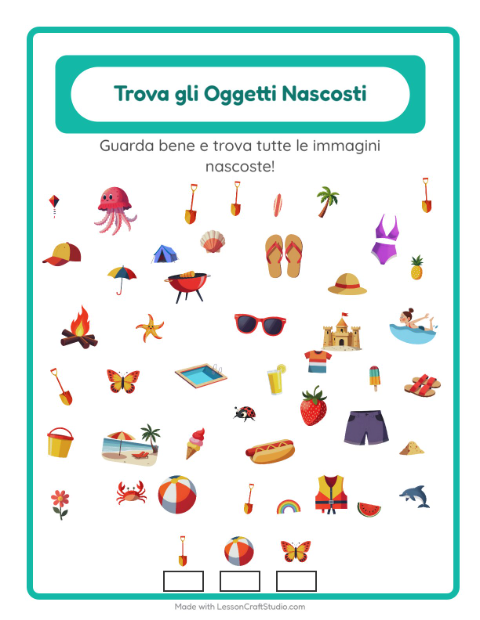 Anteprima della scheda di Trova Gli Oggetti con Estate per Scuola dell'infanzia (5-7 anni)
