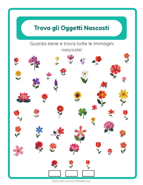 Anteprima della scheda di Trova Gli Oggetti con Fiori per Scuola dell'infanzia (5-7 anni)