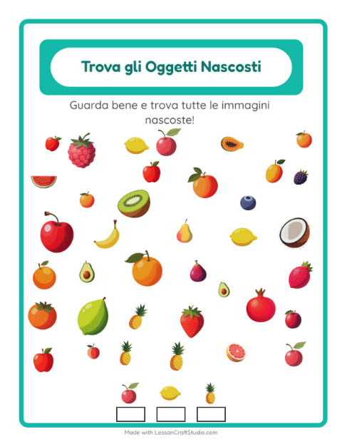 Anteprima della scheda di Trova Gli Oggetti con Frutta per Scuola dell'infanzia (5-7 anni)