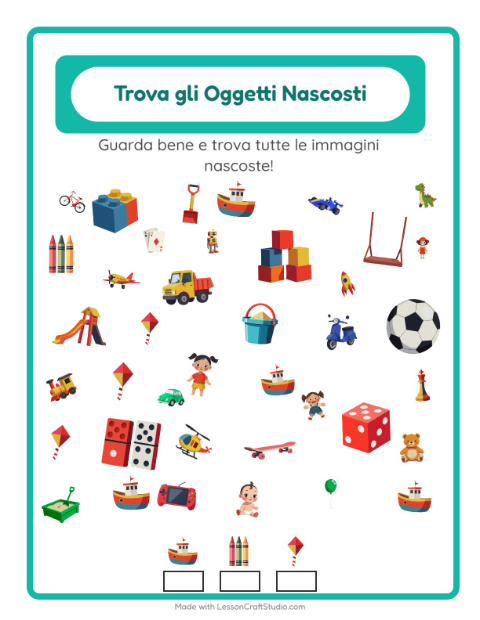 Anteprima della scheda di Trova Gli Oggetti con Giocattoli per Scuola dell'infanzia (5-7 anni)