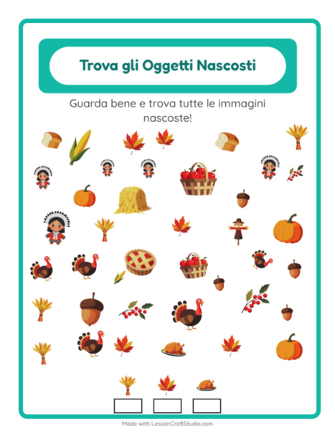 Anteprima della scheda di Trova Gli Oggetti con Giorno del Ringraziamento per Scuola dell'infanzia (5-7 anni)