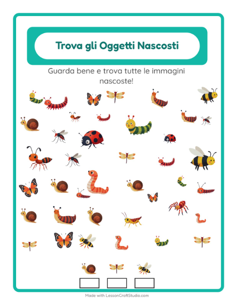 Anteprima della scheda di Trova Gli Oggetti con Insetti e scarafaggi per Scuola dell'infanzia (5-7 anni)
