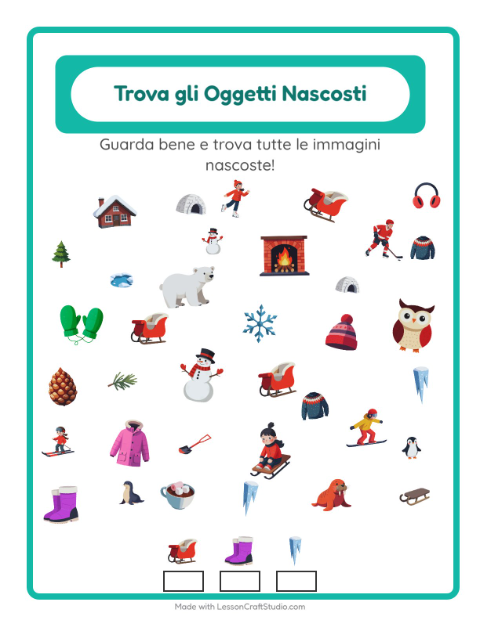 Anteprima della scheda di Trova Gli Oggetti con Inverno per Scuola dell'infanzia (5-7 anni)