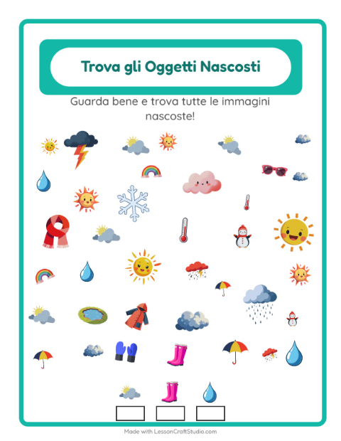 Anteprima della scheda di Trova Gli Oggetti con Meteo per Scuola dell'infanzia (5-7 anni)