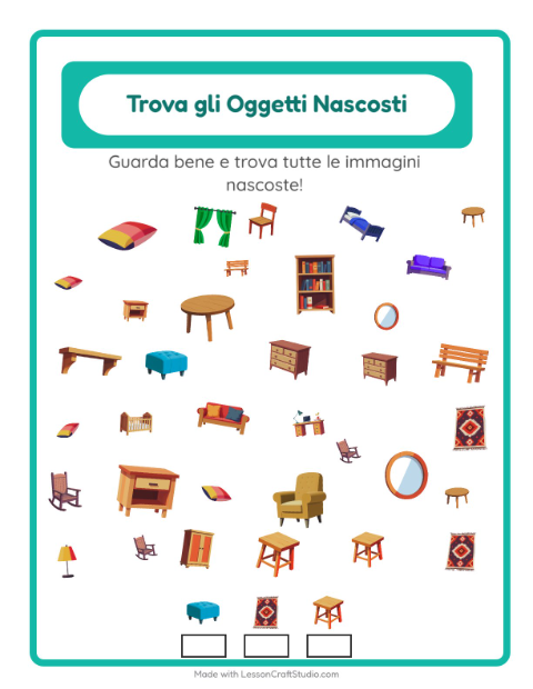 Anteprima della scheda di Trova Gli Oggetti con Mobili per Scuola dell'infanzia (5-7 anni)