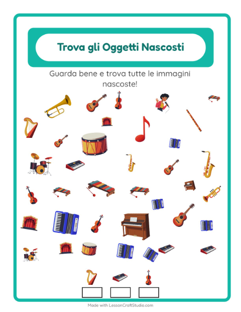 Anteprima della scheda di Trova Gli Oggetti con Musica per Scuola dell'infanzia (5-7 anni)
