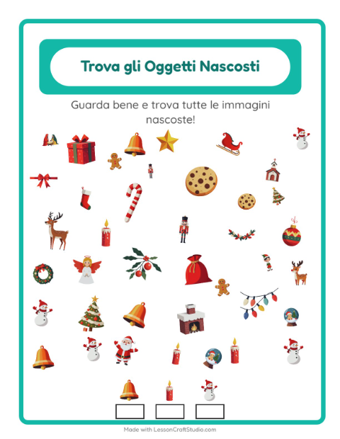 Anteprima della scheda di Trova Gli Oggetti con Natale per Scuola dell'infanzia (5-7 anni)