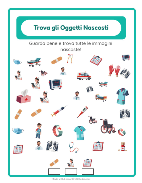 Anteprima della scheda di Trova Gli Oggetti con Ospedale per Scuola dell'infanzia (5-7 anni)