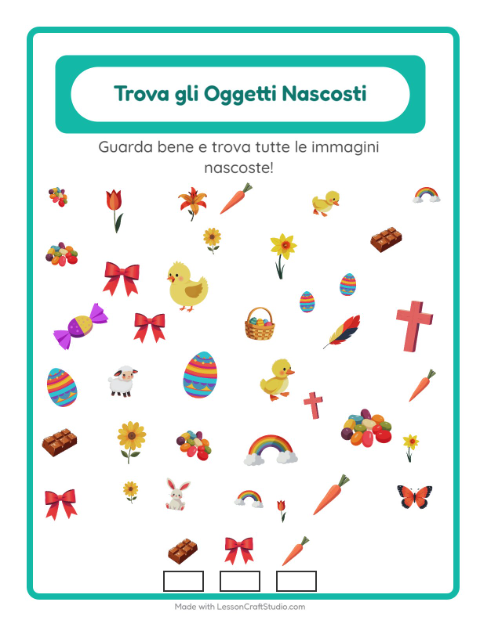 Anteprima della scheda di Trova Gli Oggetti con Pasqua per Scuola dell'infanzia (5-7 anni)