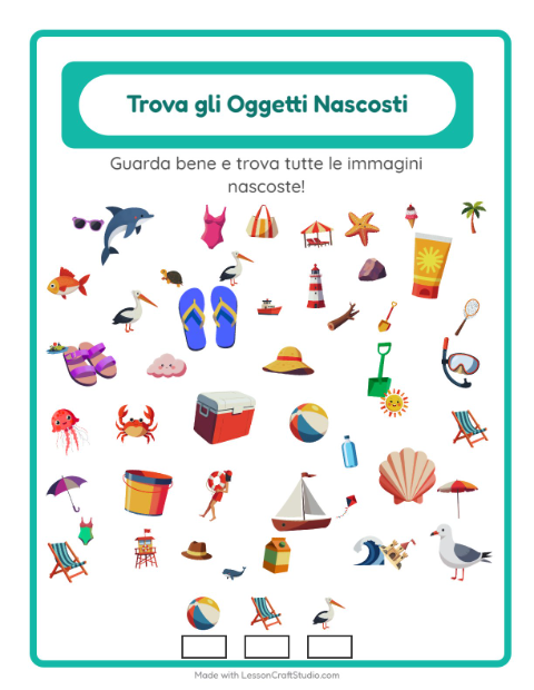 Anteprima della scheda di Trova Gli Oggetti con Spiaggia per Scuola dell'infanzia (5-7 anni)