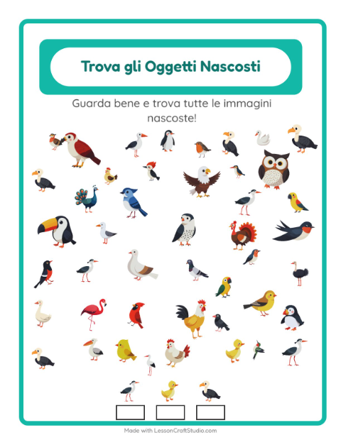 Anteprima della scheda di Trova Gli Oggetti con Uccelli 2 per Scuola dell'infanzia (5-7 anni)