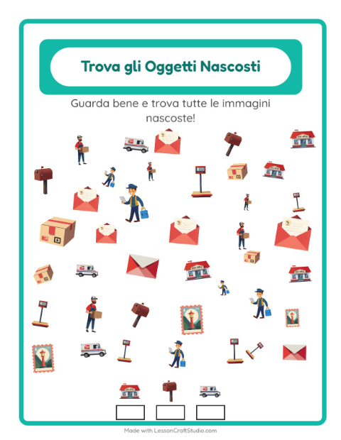 Anteprima della scheda di Trova Gli Oggetti con Ufficio postale per Scuola dell'infanzia (5-7 anni)