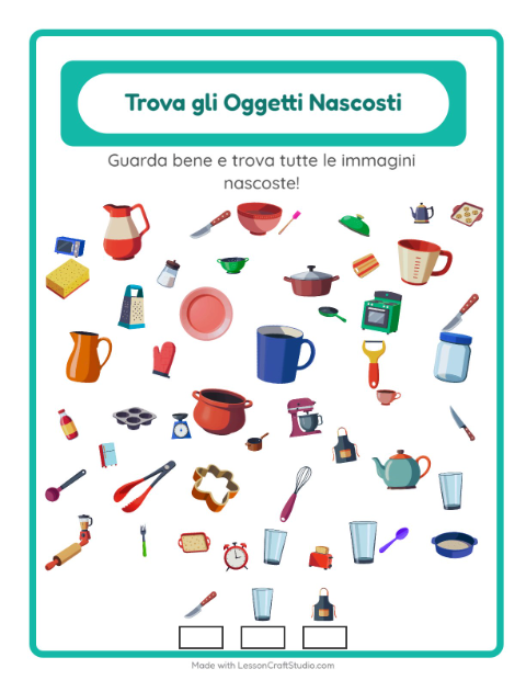 Anteprima della scheda di Trova Gli Oggetti con Utensili da cucina per Scuola dell'infanzia (5-7 anni)