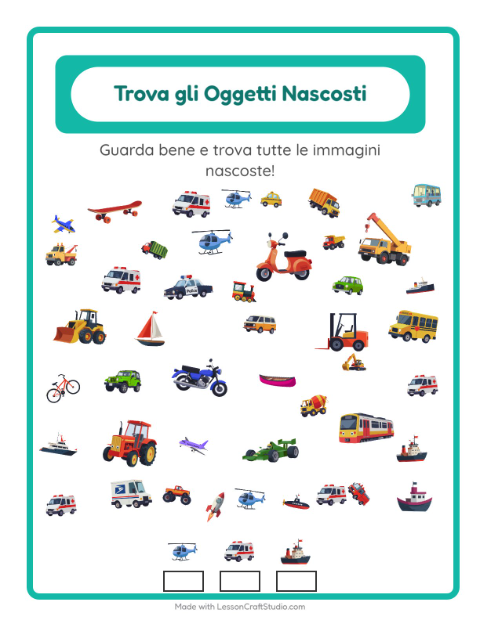 Anteprima della scheda di Trova Gli Oggetti con Veicoli per Scuola dell'infanzia (5-7 anni)