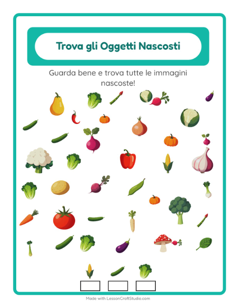 Anteprima della scheda di Trova Gli Oggetti con Verdure per Scuola dell'infanzia (5-7 anni)