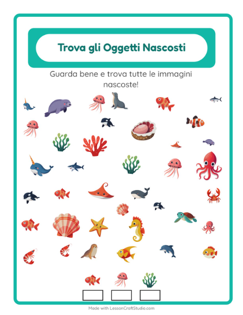 Anteprima della scheda di Trova Gli Oggetti con Vita oceanica per Scuola dell'infanzia (5-7 anni)