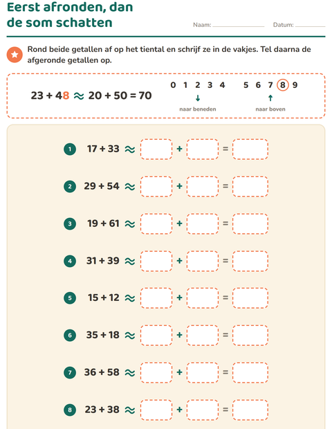 Voorbeeld van het Afronden op tientallen-werkblad voor groep 5