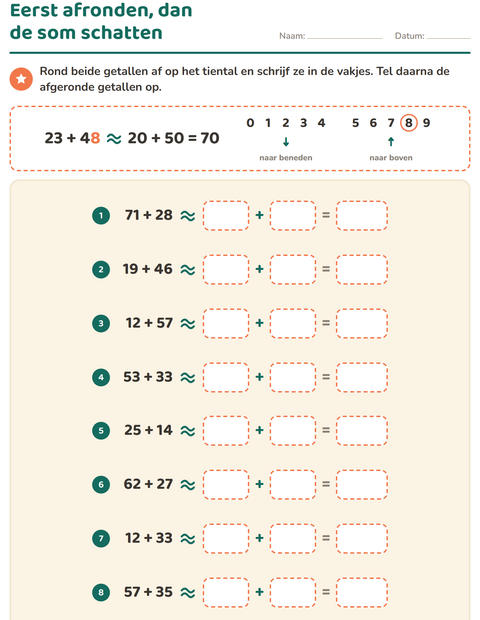 Voorbeeld van het Afronden op tientallen-werkblad voor groep 5