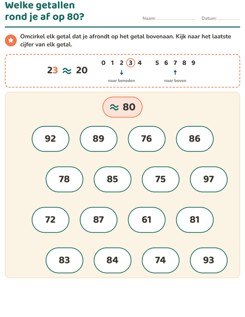 Voorbeeld van het Afronden op tientallen-werkblad voor groep 5