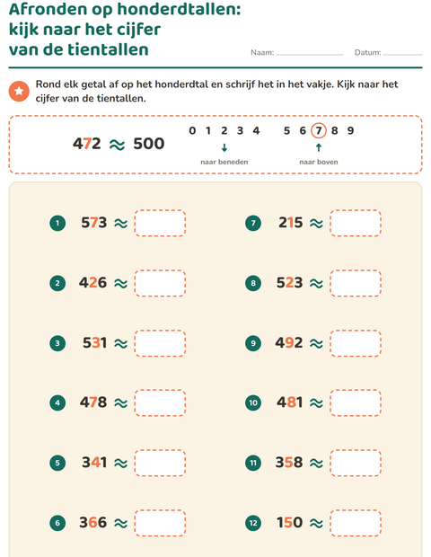 Voorbeeld van het Afronden op tientallen-werkblad voor groep 5