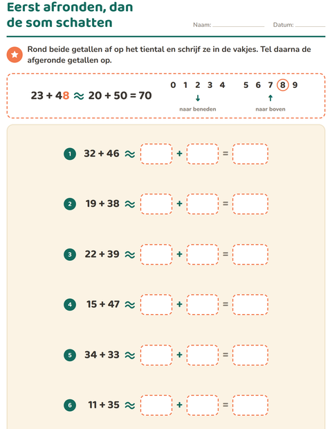 Voorbeeld van het Afronden op tientallen-werkblad voor groep 5