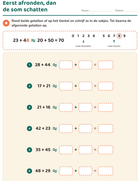 Voorbeeld van het Afronden op tientallen-werkblad voor groep 5