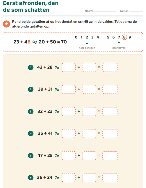 Voorbeeld van het Afronden op tientallen-werkblad voor groep 5