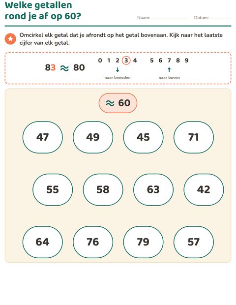 Voorbeeld van het Afronden op tientallen-werkblad voor groep 5