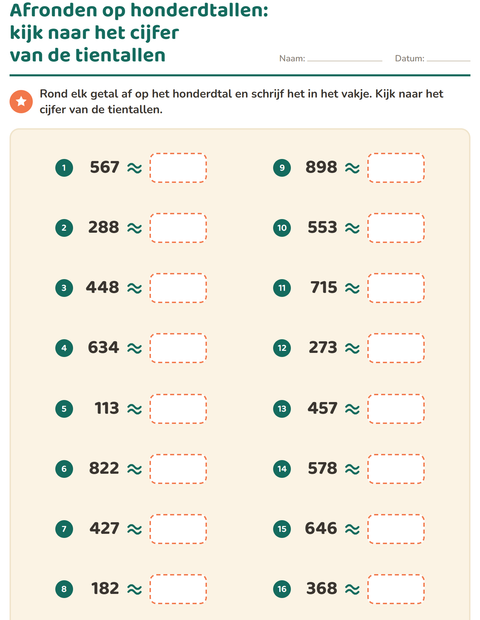 Voorbeeld van het Afronden op tientallen-werkblad voor groep 5