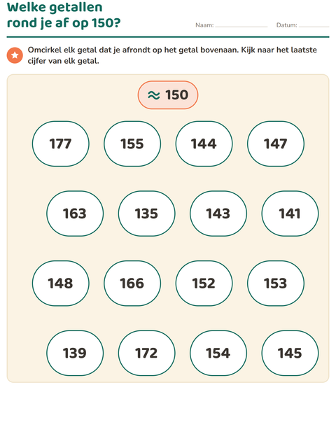 Voorbeeld van het Afronden op tientallen-werkblad voor groep 5