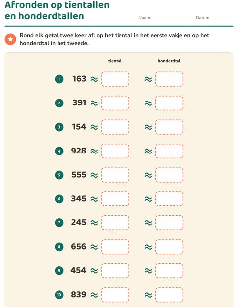 Voorbeeld van het Afronden op tientallen-werkblad voor groep 5