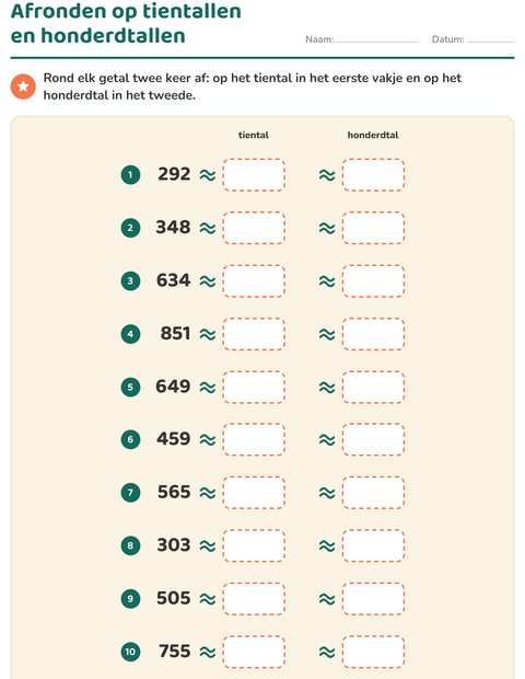 Voorbeeld van het Afronden op tientallen-werkblad voor groep 5
