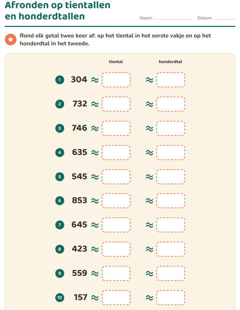 Voorbeeld van het Afronden op tientallen-werkblad voor groep 5